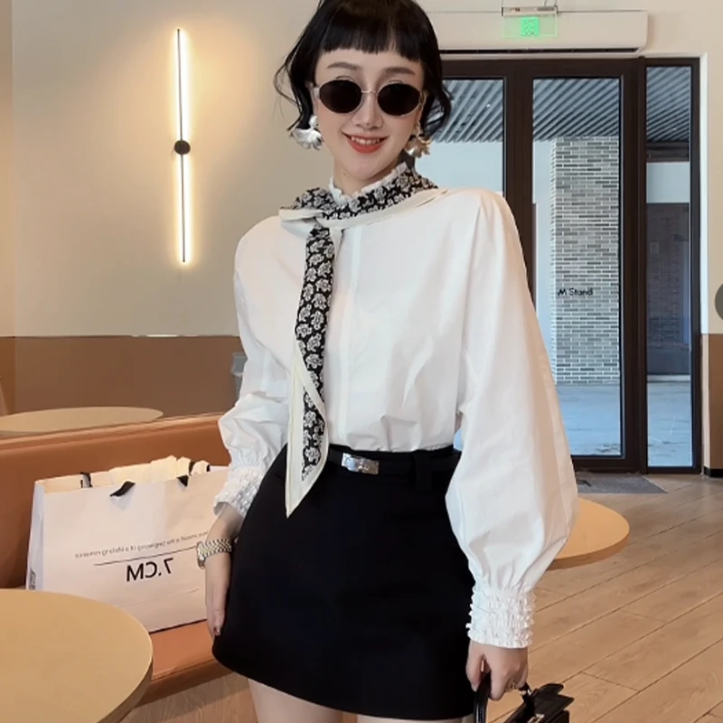 XIAOBAI 白色设计款法式衬衫秋季纯色通勤百搭洋气长袖时尚衬衣女