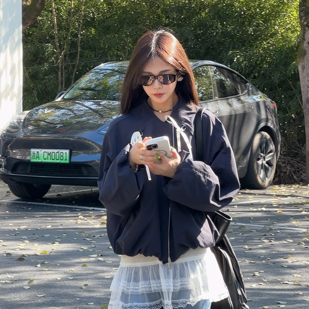 LYXZ x 大小与【春日絮语】春季新款斜边蝴蝶结飘带拉链外套76842