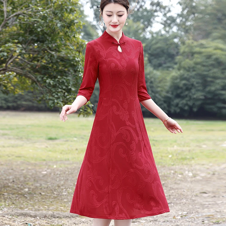 洋气妈妈春装七分袖旗袍水滴领裙子中年女新中式修身中长款连衣裙