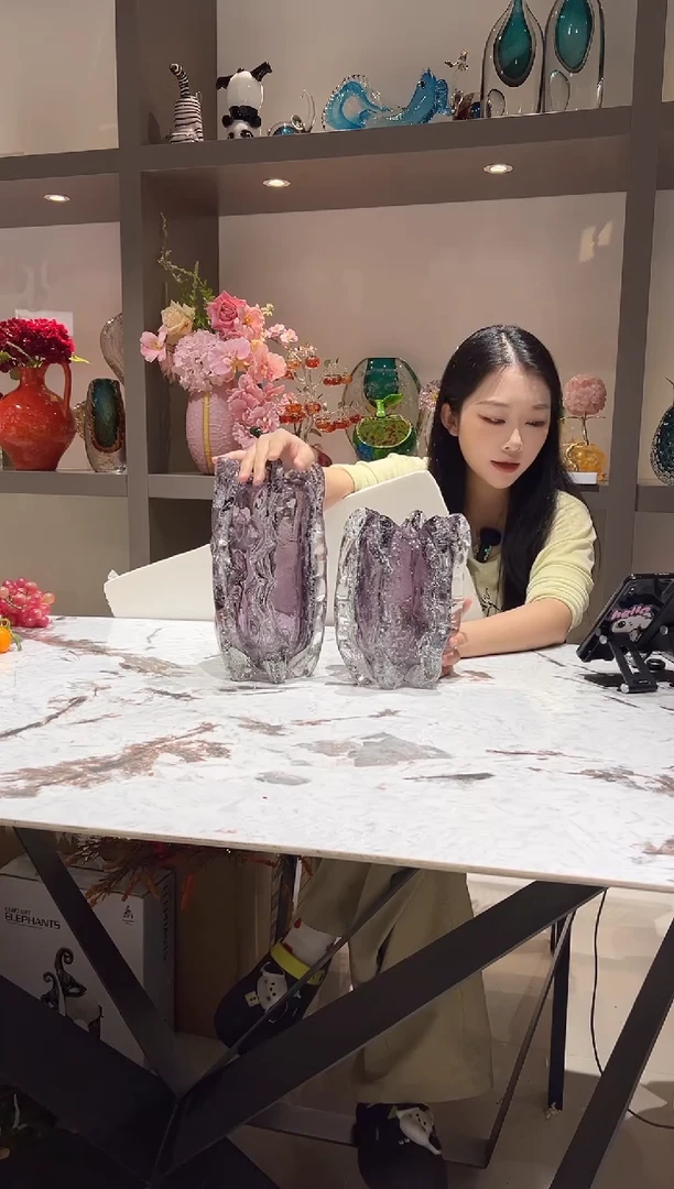 烟紫色气泡琉璃花瓶一对