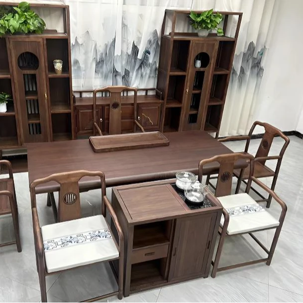 新中式北美黑胡桃实木大板茶桌茶台一整套家用办公一体桌泡茶桌