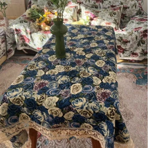 ZN162-8蓝玫瑰【130*180】蓝色妖姬棉麻交织布桌布茶几布