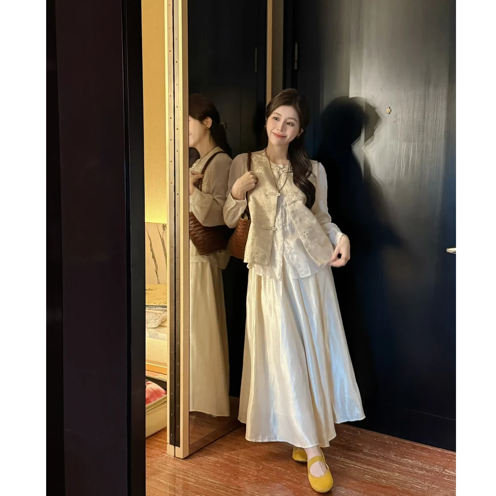 YPP!【兰亭集序】温婉新中式禅意风重工显瘦马甲衬衫半裙套装