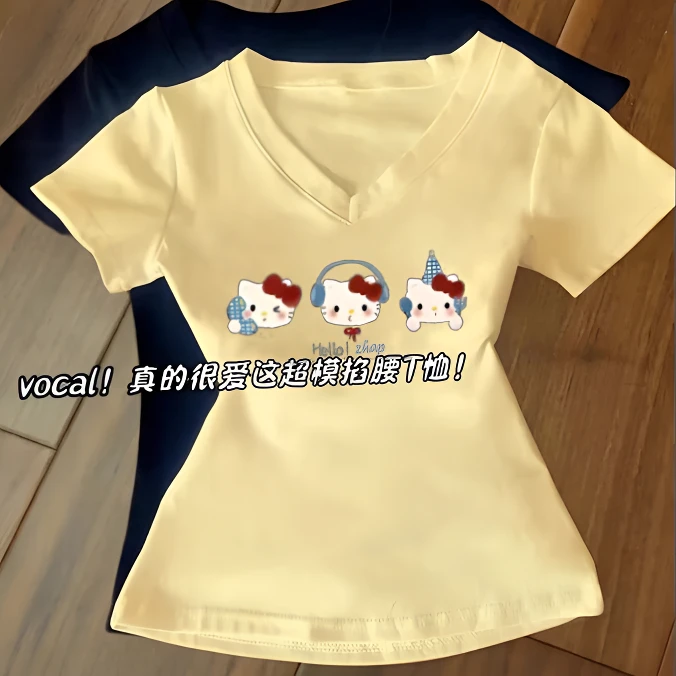 韩版爆款正肩v领印花ol短袖t恤奶黄色修身穿搭夏季百搭显瘦上女装