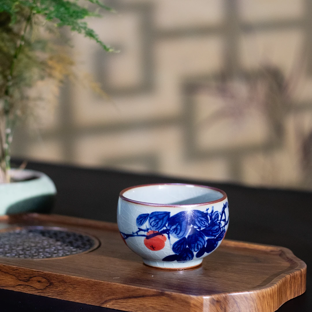 正宗景德镇主人杯单杯冰裂纹柿柿如意高档个人专用家用送礼