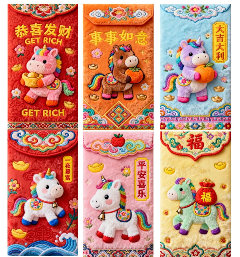 2026马年5D平面毛绒刺绣风格可爱卡通Q版春节元宵节利是封红包
