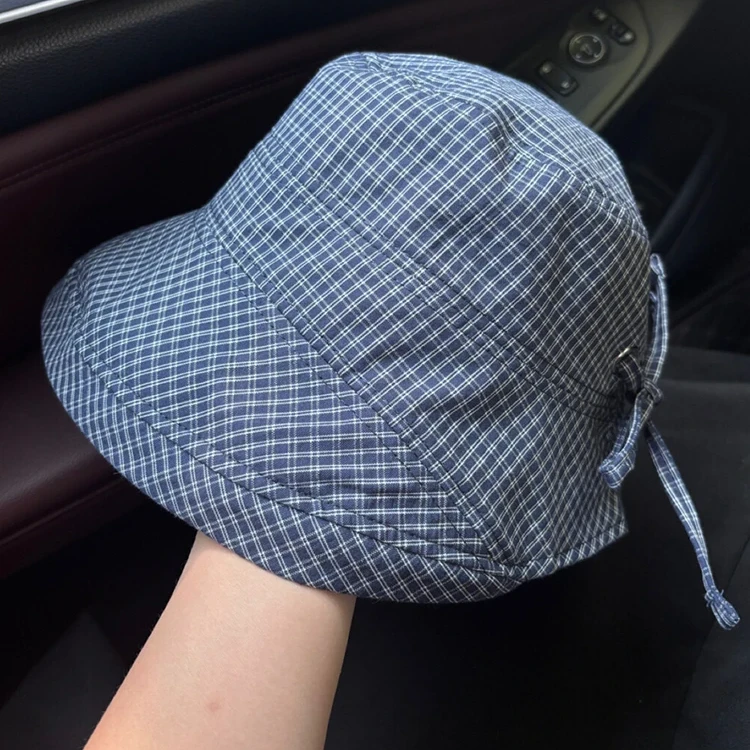 出口日本!miu系甜美藏青格子渔夫帽女新款夏季大檐遮阳防晒盆帽