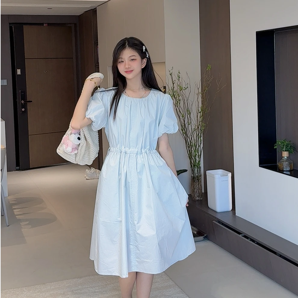 TTY青少年装  2025夏季法式褶皱文艺泡泡袖绳腰显瘦连衣裙279198