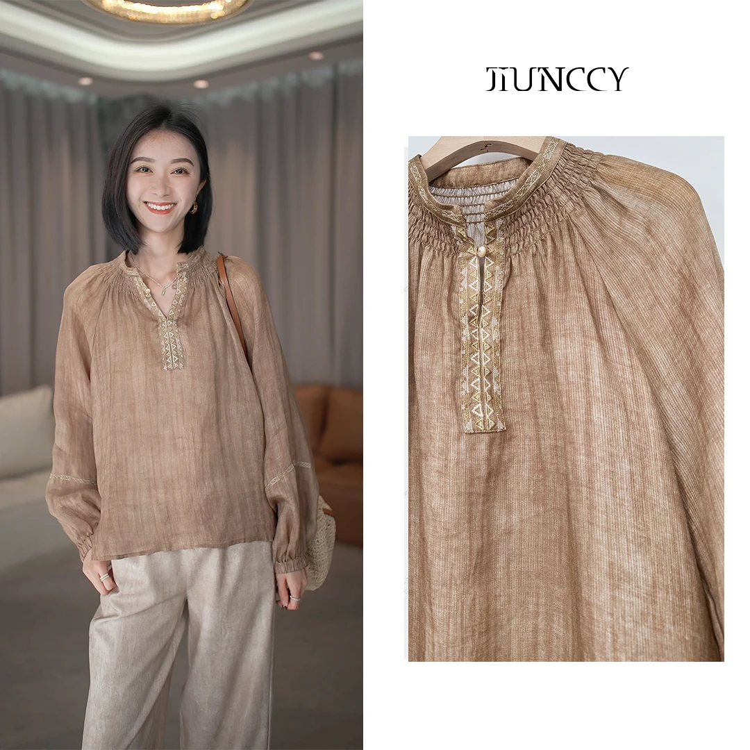 JIUNCCY【馆陶】100苎麻晕染花打揽领口刺绣领边长袖上衣 52YCY028