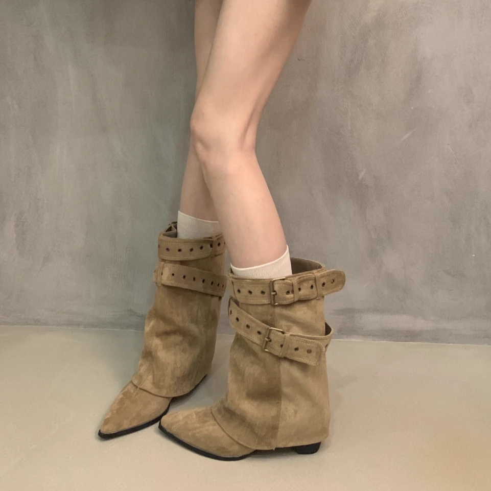 美式辣妹皮带扣裤管靴短筒靴女堆堆靴2025早秋小众设计短靴西部靴
