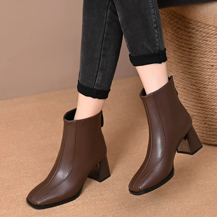 法式复古真皮后拉链高跟短靴女2024新款秋冬单靴粗跟方头瘦瘦靴子