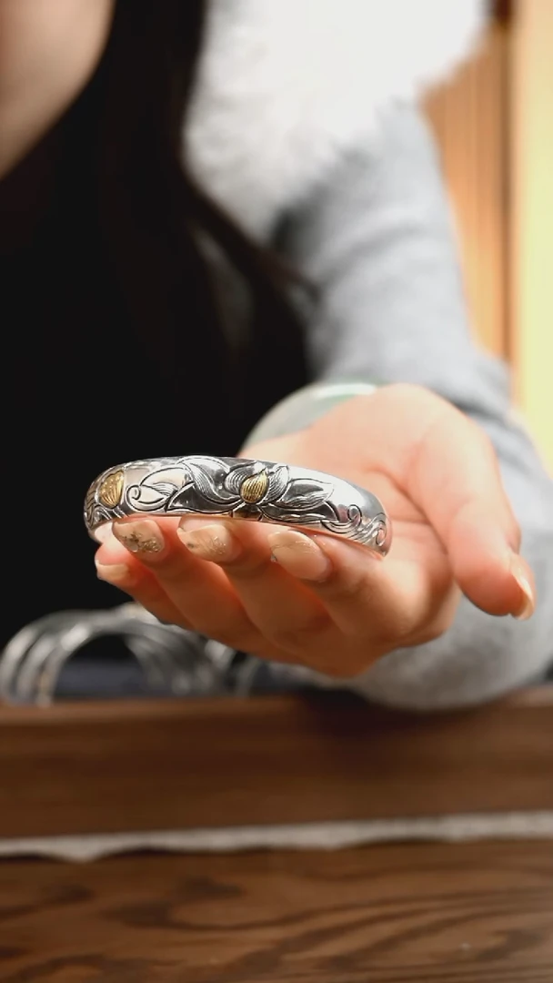 嵌金荷花纯银手镯 圈口57