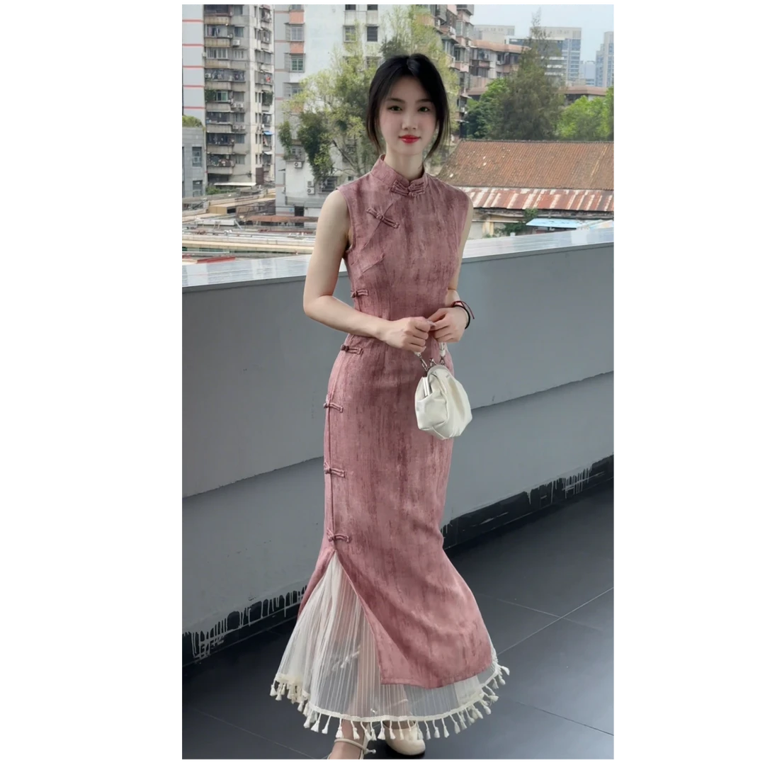 【C145】新中式2025夏文艺粉复古气质无袖改良旗袍女