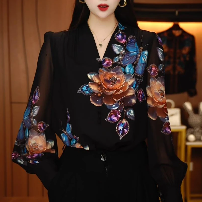 Y250057-春季新款琉璃双皱丝时尚百搭显瘦休闲气质印花国风小衫