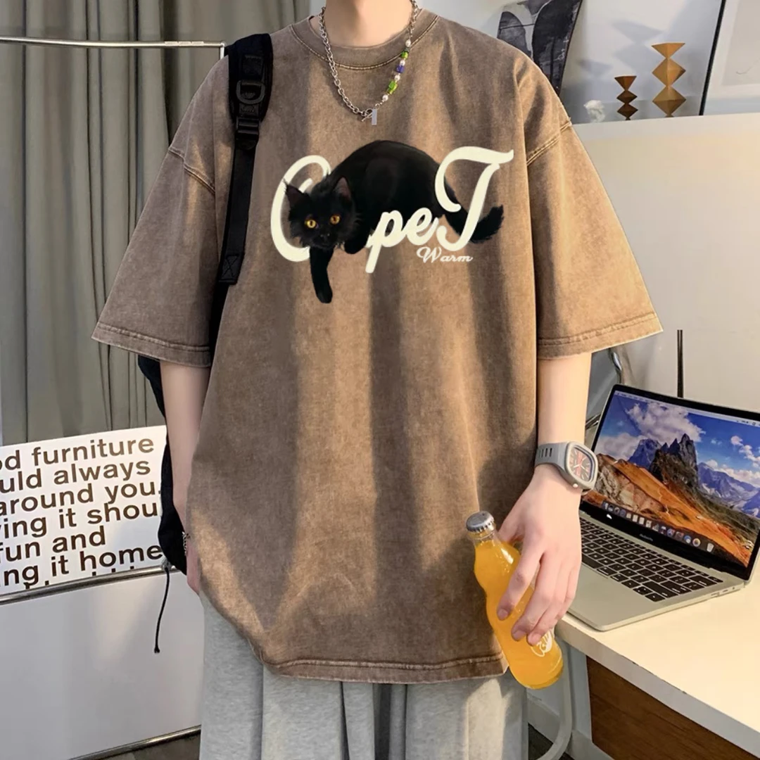 夏季新款100%纯棉水洗做旧短袖T恤男女同款潮牌ins卡通休闲上衣潮