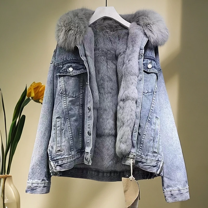 植绒厚款短款棉衣棉服拼接潮流百搭蓝色休闲冬季加绒女士牛仔