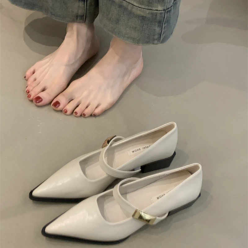 DPX-A236-1粗跟玛丽珍女鞋新款高跟尖头一字带包头凉鞋单鞋鞋子