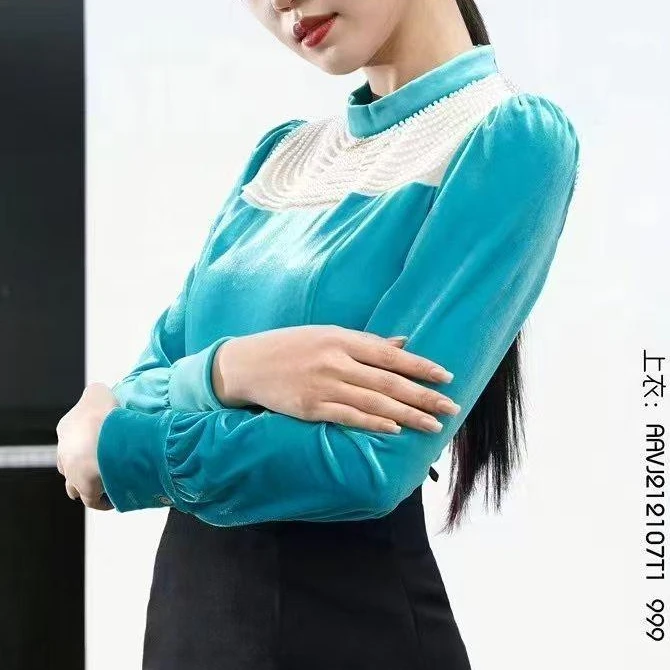 秋冬圆领丝绒长袖拼接百搭衬衣上衣衬衫AAVJ212107