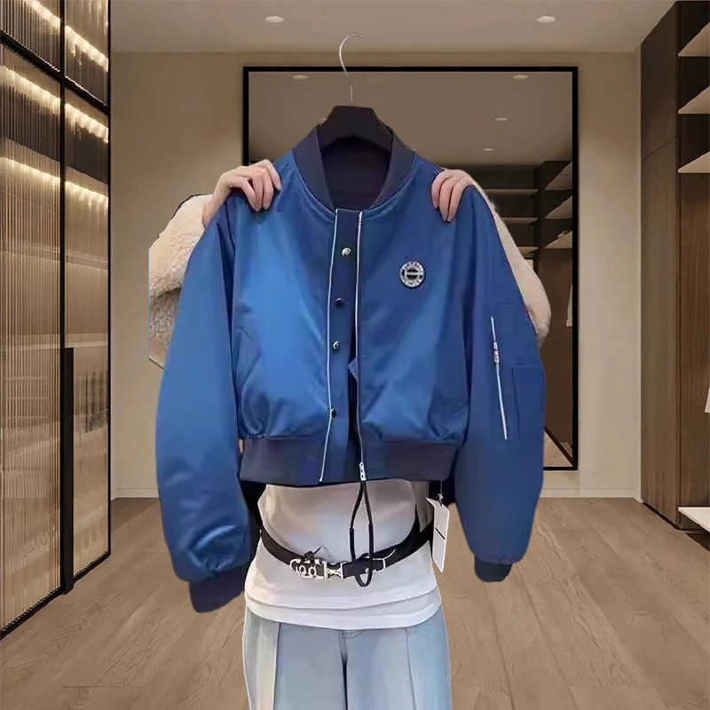 2025春秋季新款女士时尚休闲百搭蓝色棒球服上衣宽松洋气夹克外套