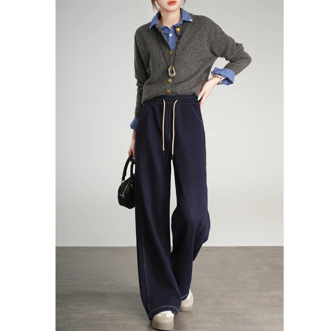 裕鸿联-秋冬加绒加厚长裤丹宁蓝水洗仿牛仔中弹直筒阔腿裤2576