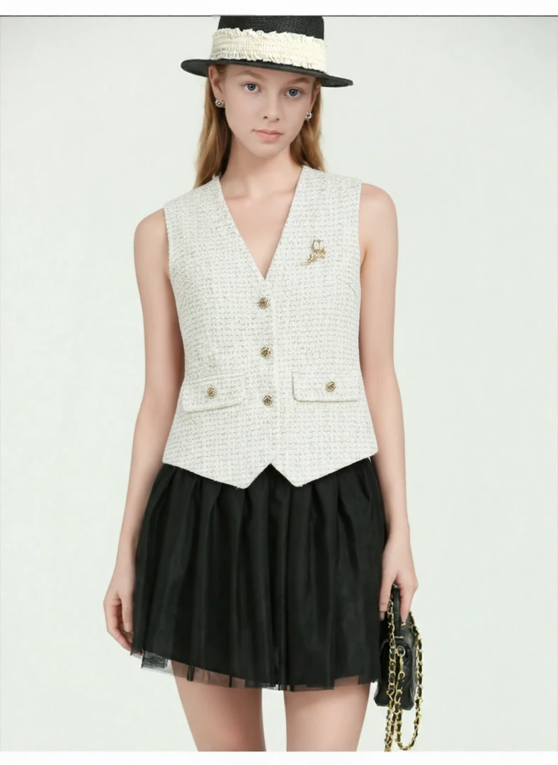 早秋女装高级感时尚百搭小香风短款马甲气质白色轻奢编织马夹