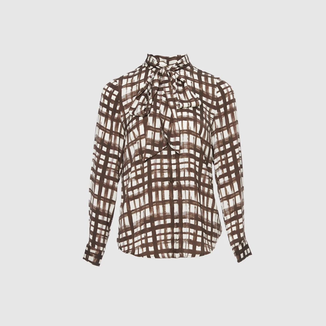 GEJIN/歌锦2024年春新款轻奢优雅知性格纹印花飘带衬衫9442423120