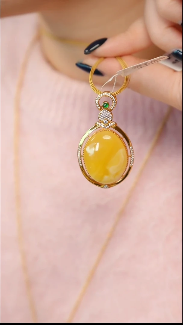 蜜蜡吊坠(赠链)银S925镶嵌金白吊坠