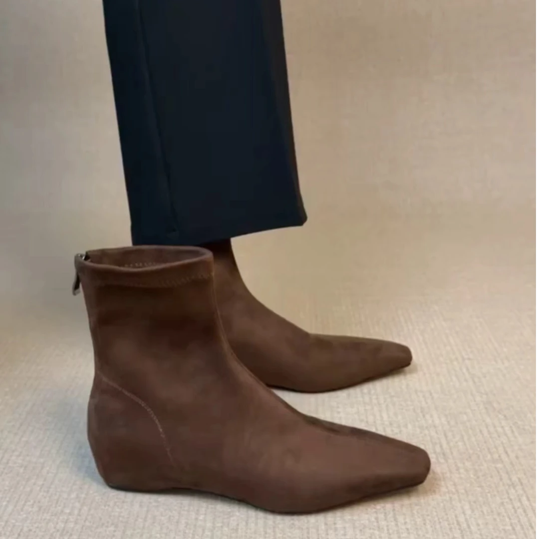 牛皮~韩系法式复古方头内增高短靴百搭显瘦短筒后拉链瘦瘦靴女靴