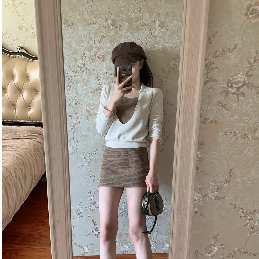 韩系气质大V领假两件长袖针织衫女早秋季高级感叠穿宽松显瘦上衣