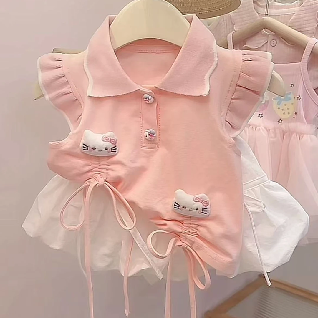 女童猫咪夏季粉色甜美时尚polo套装