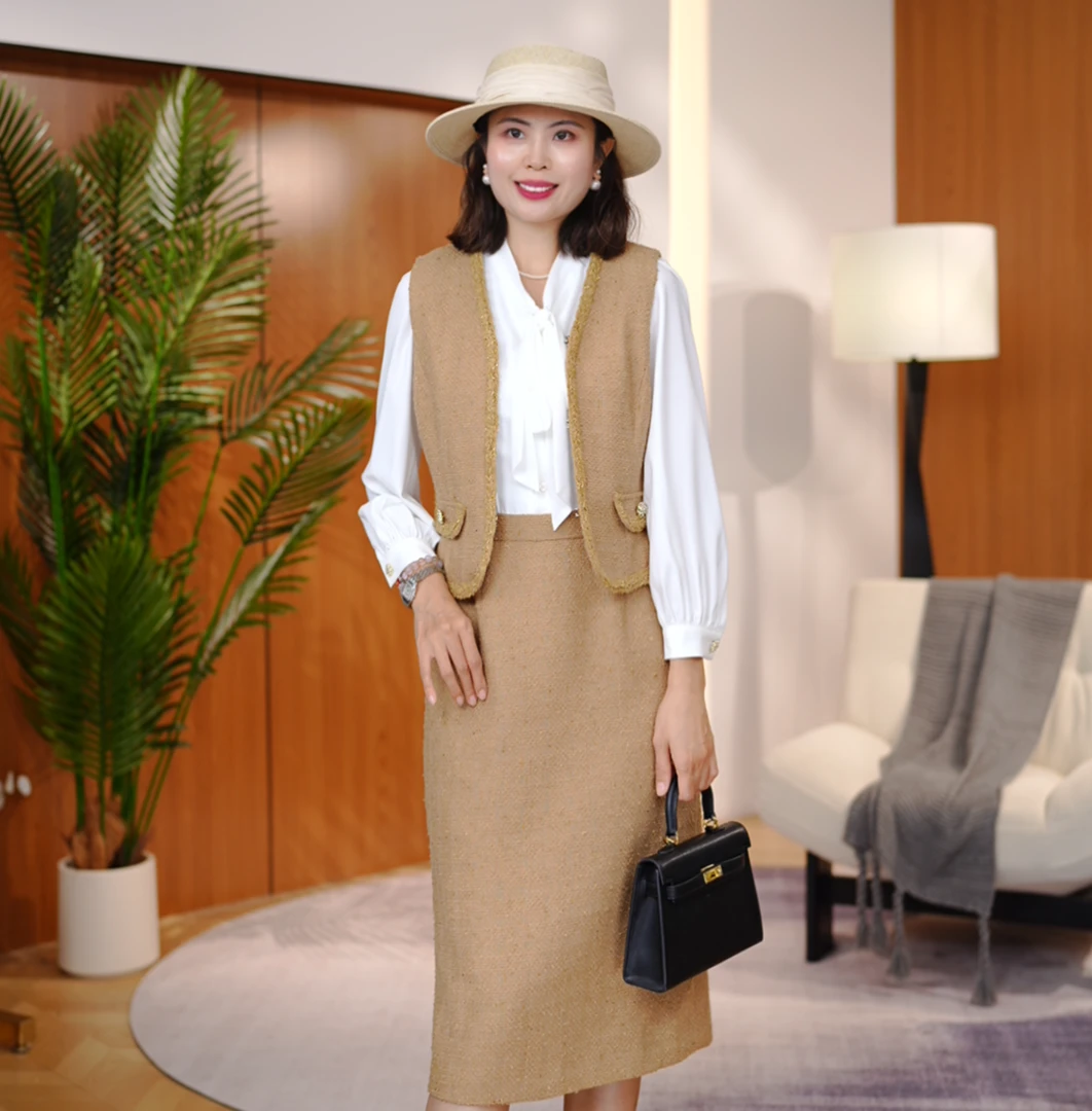 【南油虹姐】2025秋季新款小香风高腰法式拼接连衣裙两件套套装