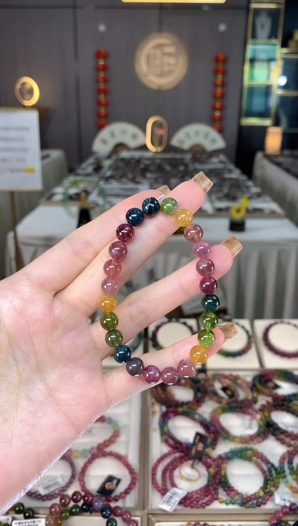 未镶嵌老矿碧玺色标彩单圈手串7mm+碧玺dan多样性发货一条