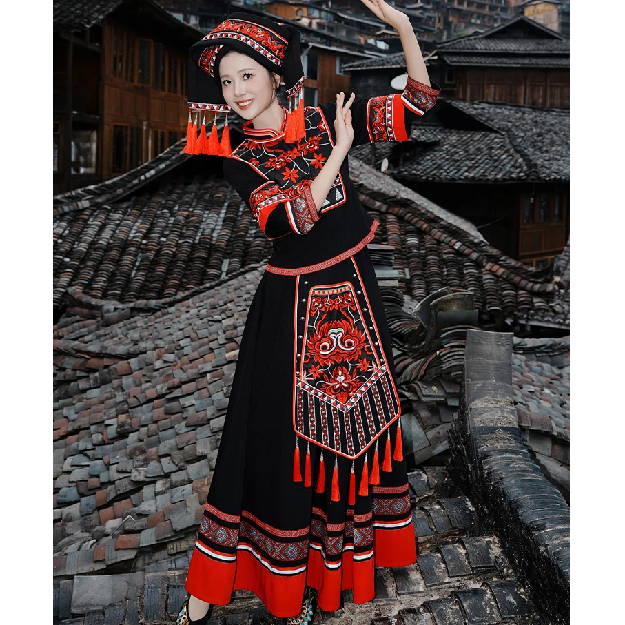 民族风刺绣圆新款少数民族服舞台瑶族百褶裙短款大摆裙民族服传统