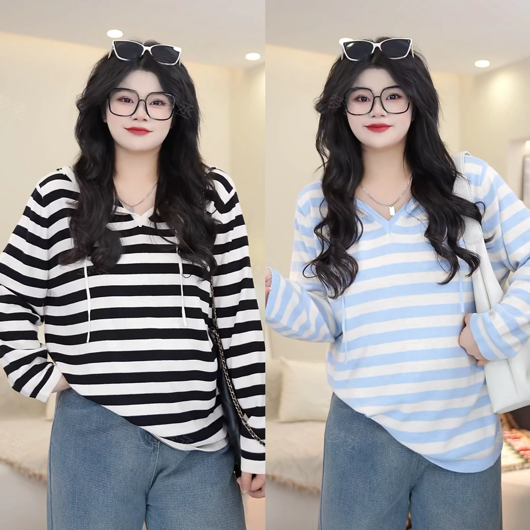 梦丞-大码女装冬季胖mmV领连帽系带条纹宽松洋气长袖针织衫上衣