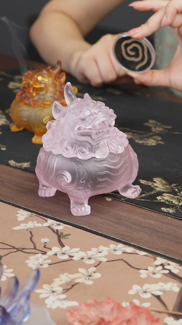 手工艺品琉璃粉色狻猊香炉中号