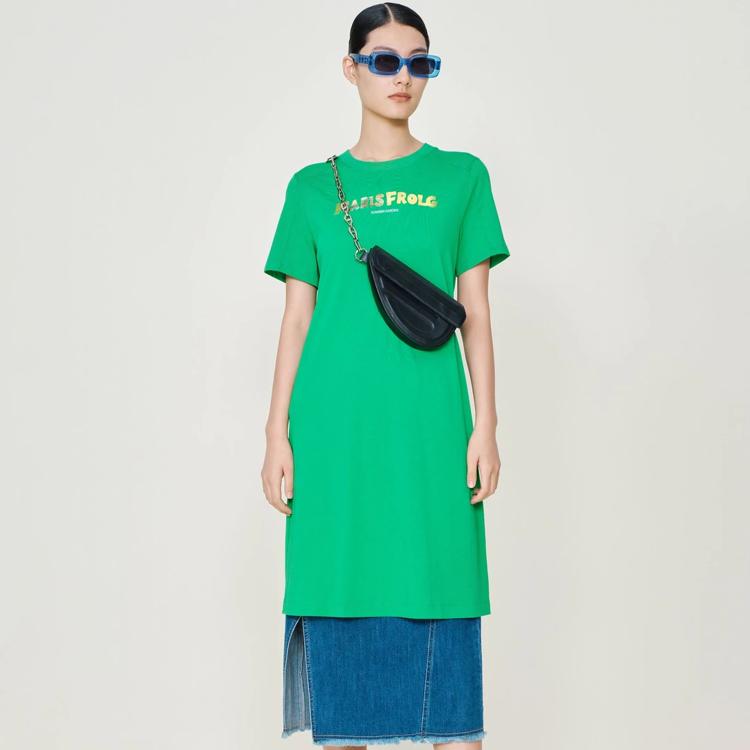 玛丝菲尔时尚休闲绿色印花极简短袖连衣裙ACCX21266