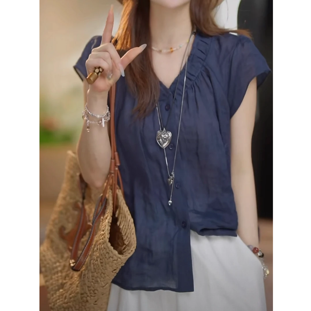 2025夏装新款法式V领褶皱设计短袖衬衫时尚洋气百搭简约上衣小衫