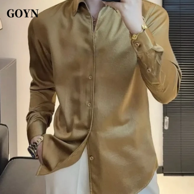 GOYN衬衫简约纯色夏季潮流设计师高级感男装长袖修身男士百搭衬衣
