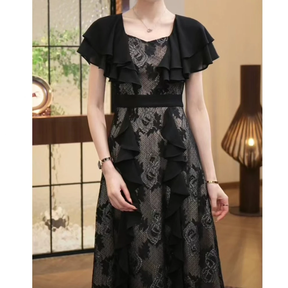现货2025夏季新款【DD-81】气质轻奢显瘦女装a字蕾丝黑色复古连衣裙