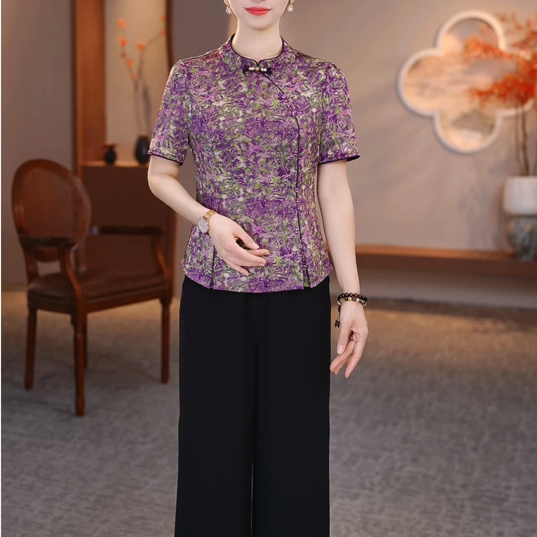 两件套中年妈妈2025夏季洋气改良旗袍上衣+裤子（婷）XKL-2558662