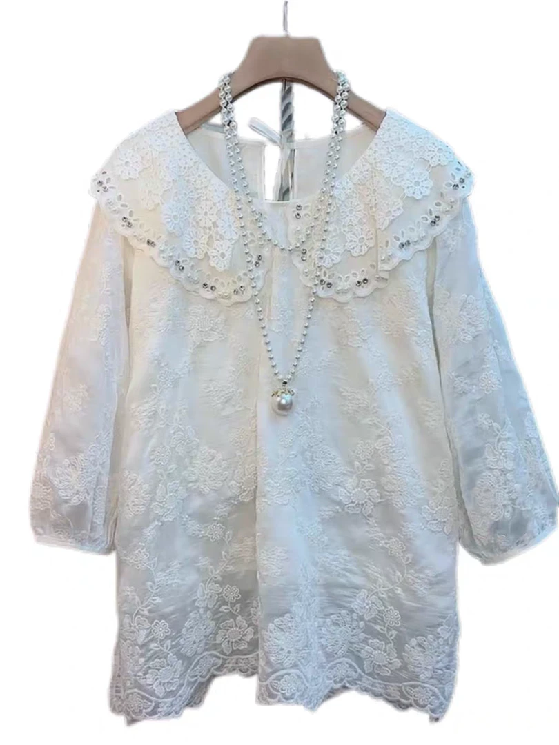 胖妹妹大码女装2025春季新款时尚洋气提花中长款重工艺刺绣蕾丝衫