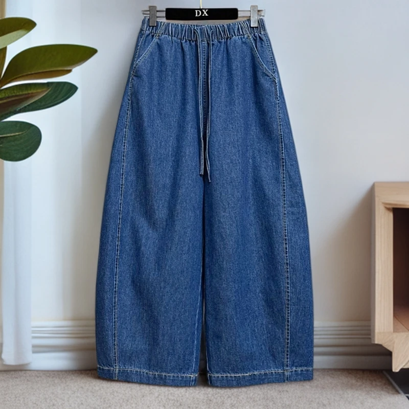 禾黍黎秋季新款水洗蓝高腰牛仔女版宽松百搭显瘦宽松企鹅牛仔裤