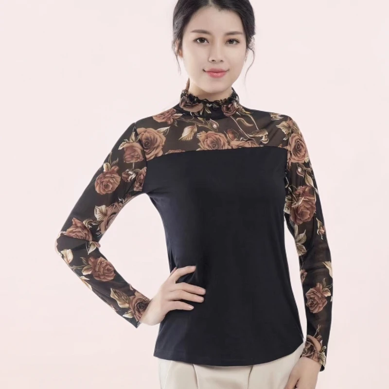 莫代尔拼接印花网纱妈妈薄款打底衫长袖半高领洋气大码百搭女T恤