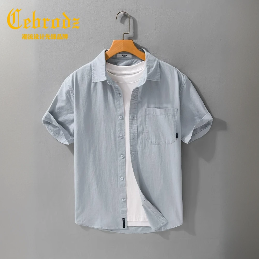 法国Cebrodz夏季男装素色简约短袖衬衫休闲宽松百搭青年纯棉薄款