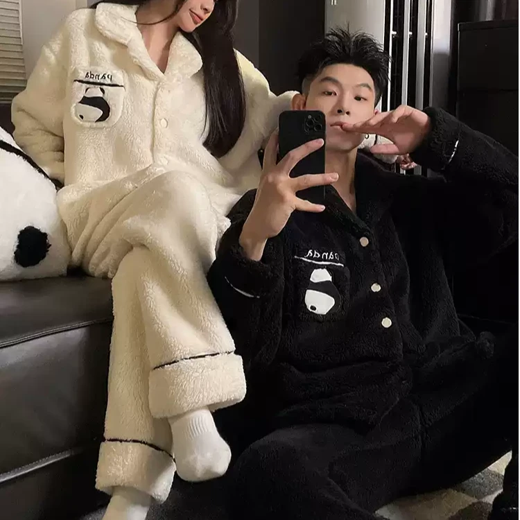 情侣睡衣女秋冬季款珊瑚绒加绒加厚可爱小怪兽连帽男士家居服套装