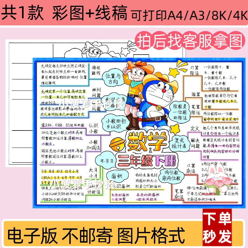 三年级数学下册总复习思维导图手抄报模板电子版小报线稿打印涂色