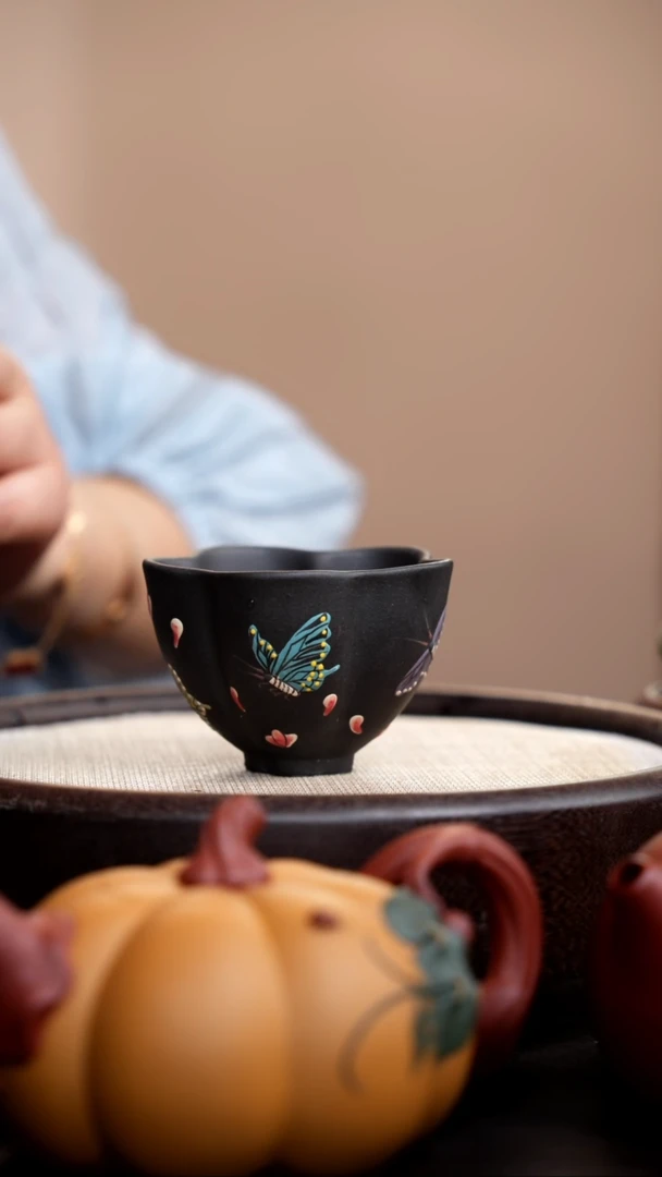 茶壶紫砂 黑色筋囊蝴蝶杯