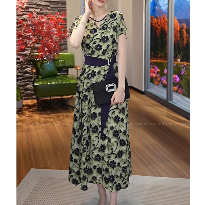 2025夏季新款预售【H-X119】碎花时尚收腰中长款显瘦绿色连衣裙子