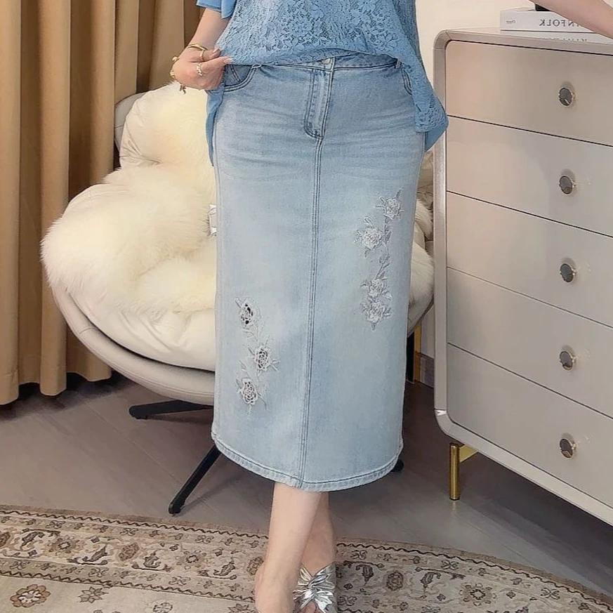 夏季复古国风开叉百搭705款气质高腰修身牛仔裙