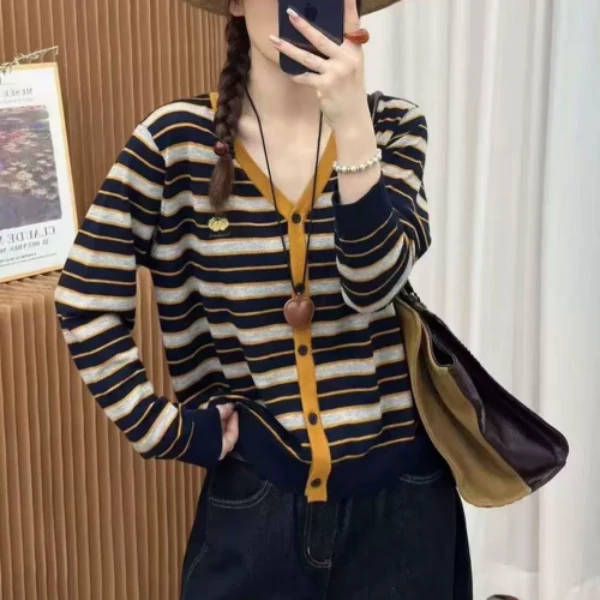 【爆款推荐】春秋时尚V领圆领长袖针织开衫女南瓜刺绣条纹外套上衣商品图